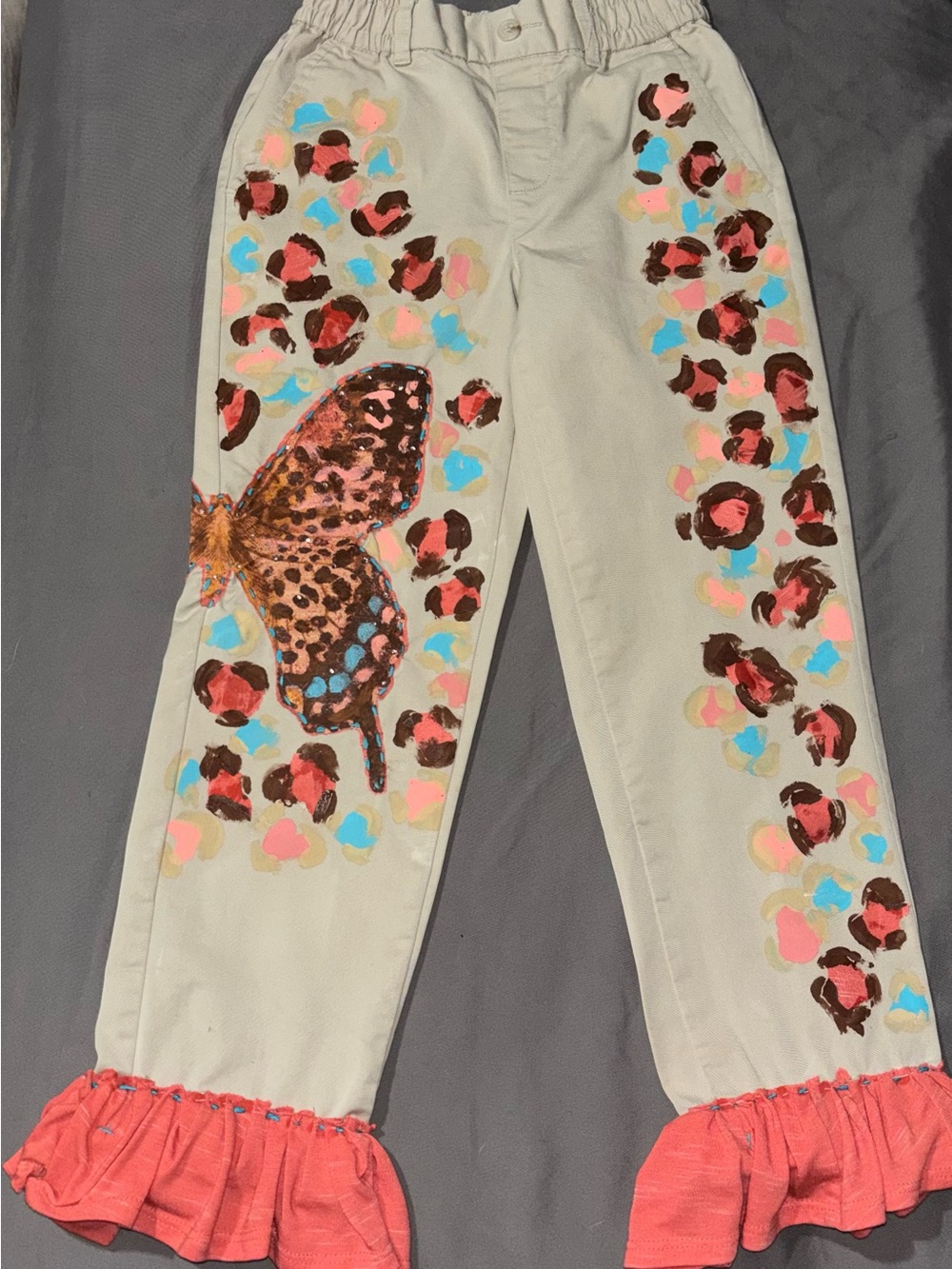 Girls Beige Casual Pants with Butterfly & Coral Ruffle Hem